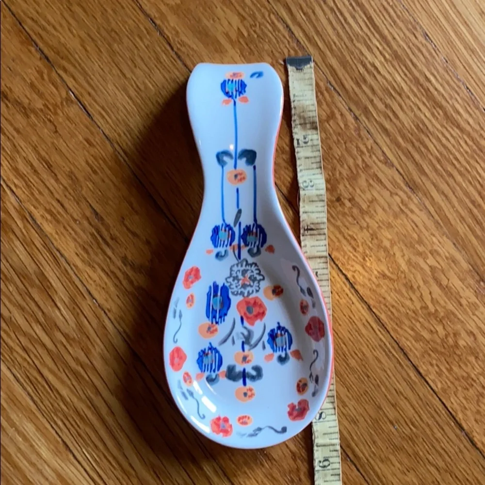 Anthropologie White Ceramic Floral Spoon Rest with Blue and Orange Accents